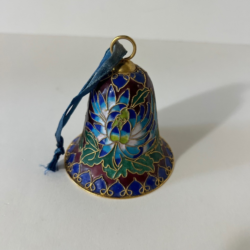 Vintage Cloisonne Ornament Floral‎ Bell Purple Blue Green 3"